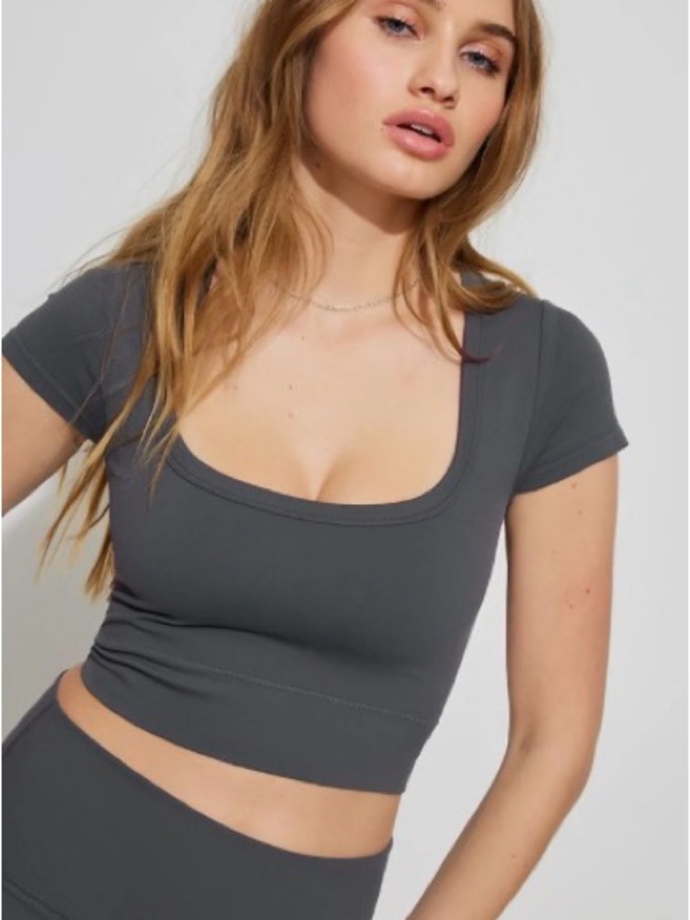 Garage Purple-ish Gray Scoop Neck Short Sleeve Crop Top